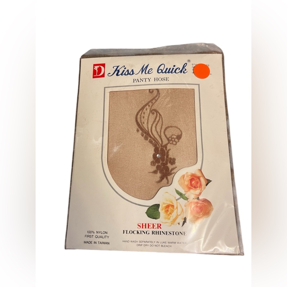 Vintage Kiss Me Quick Panty Hose Sheer Flocking Rhinestone Nude Tan 2045 NOS
